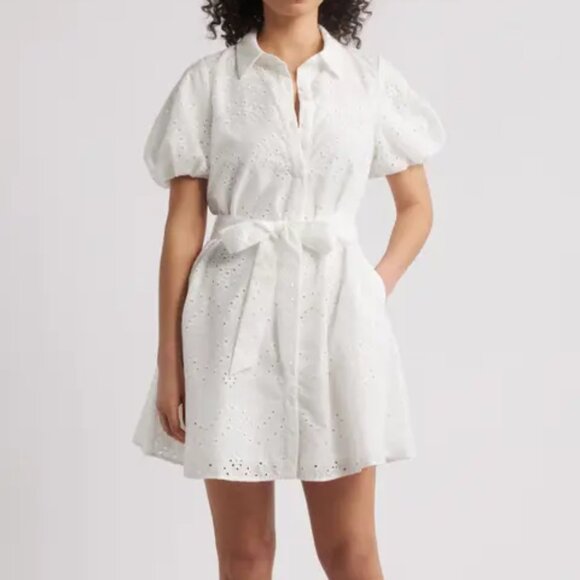 NWT Sam Edelman Puff Sleeve Eyelet Shirtdress XS White Floral Tie Belt - Picture 3 of 5